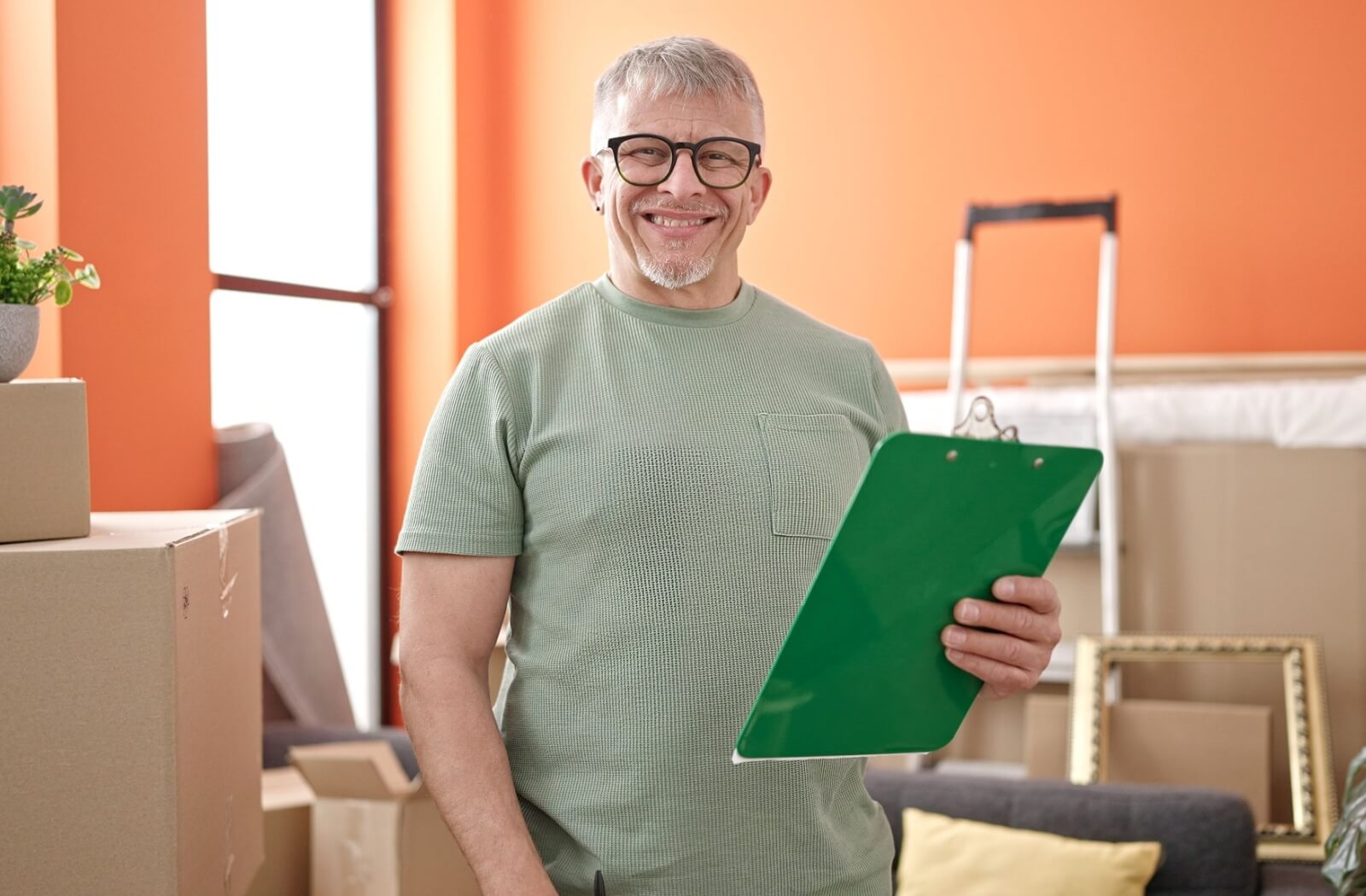 An older adult smiles and holds up a green clipboard in a packed-up room as they prepare for their move to independent living